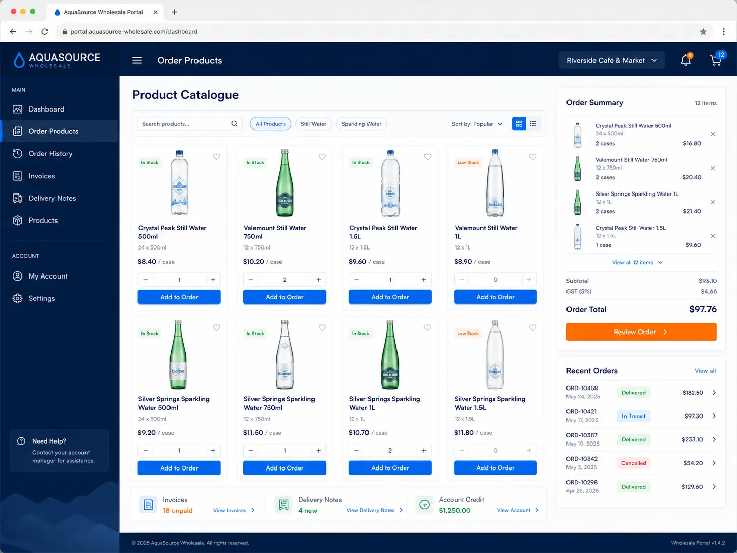 B2B ordering portal: the outlet orders from its own catalogue and sees invoices and delivery notes