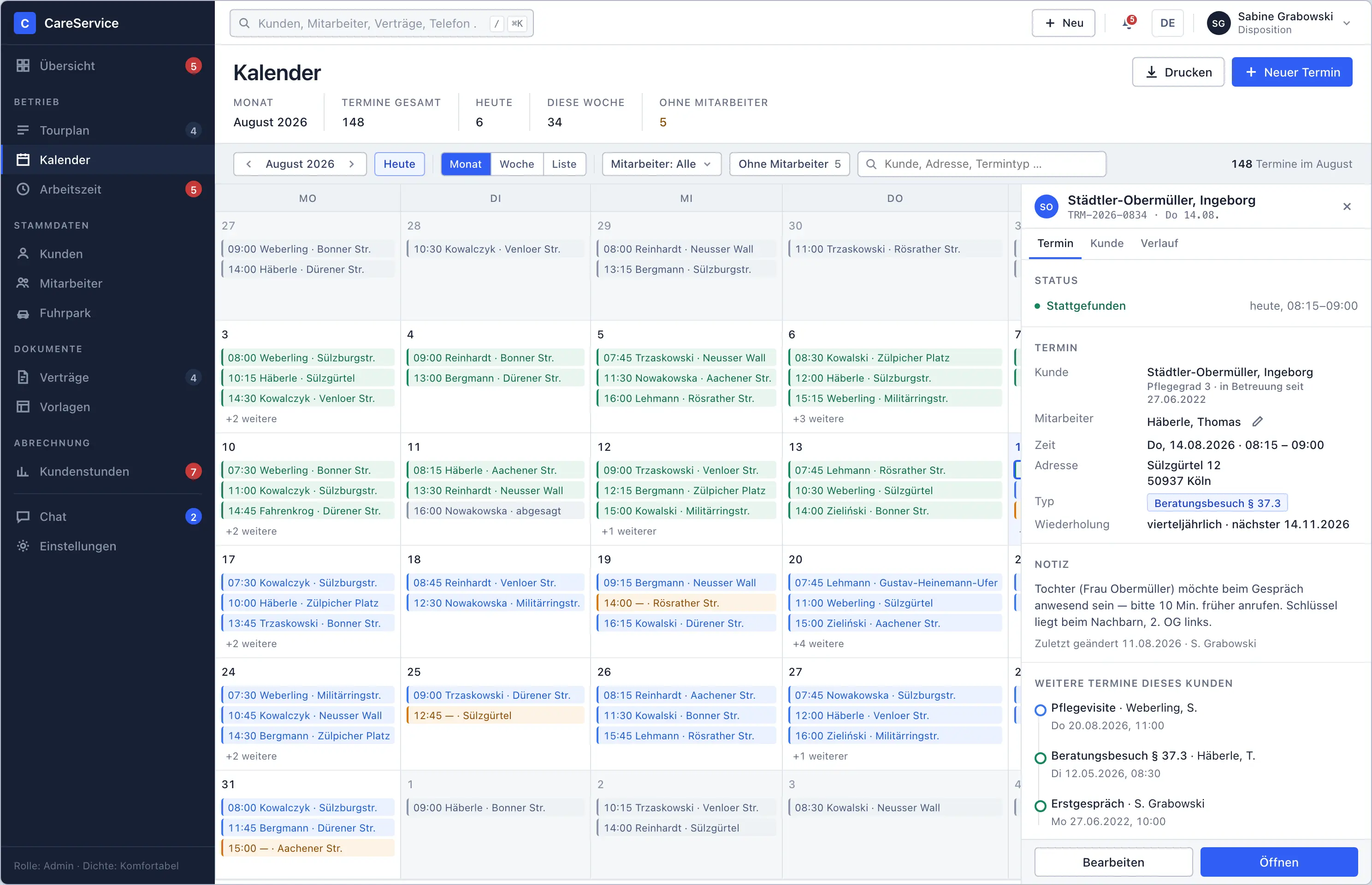 Client calendar for the month, with the appointment record, care level and its recurrence