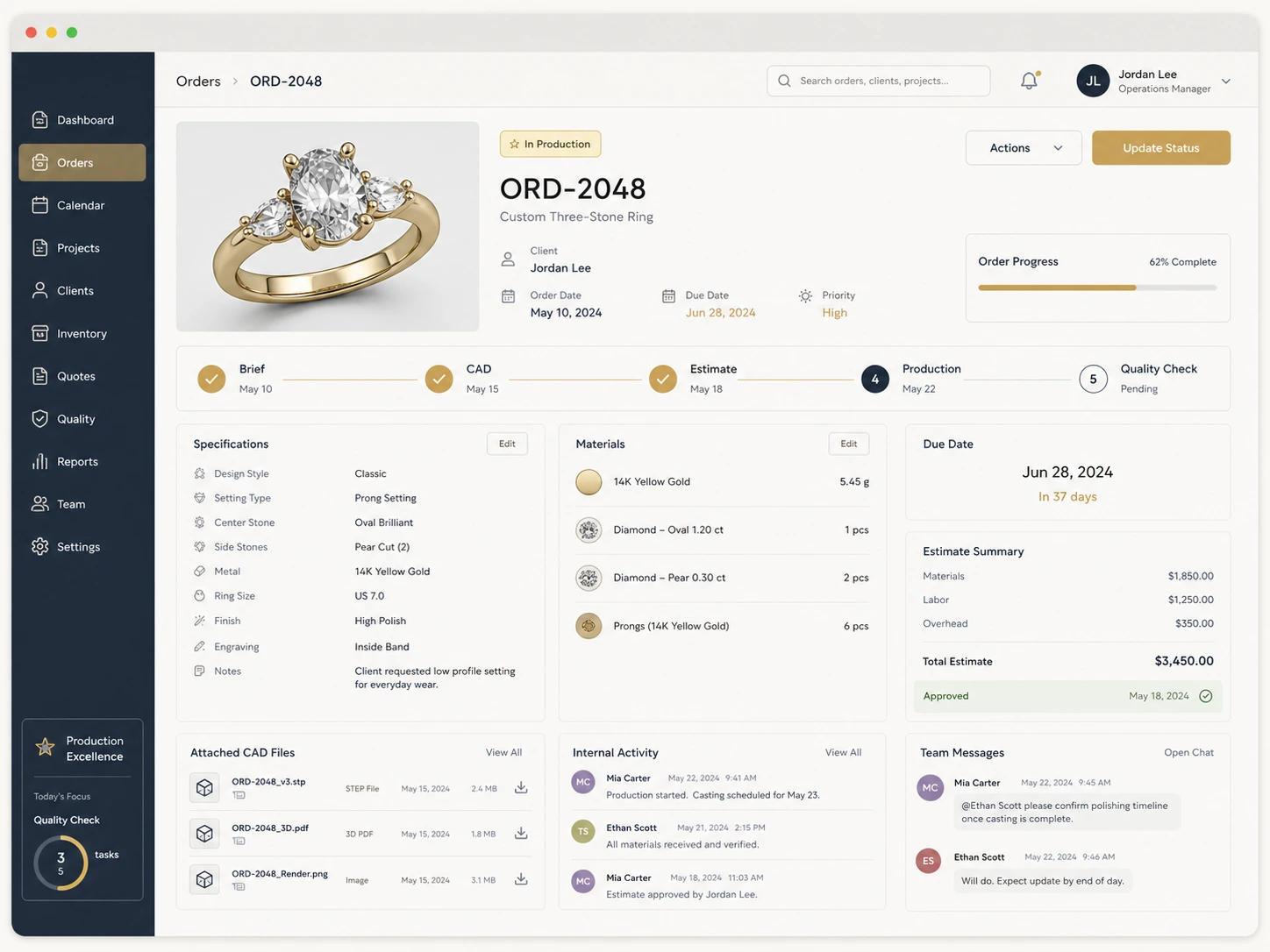 Order record: specification, materials, production stages, CAD files, estimate and correspondence in one place