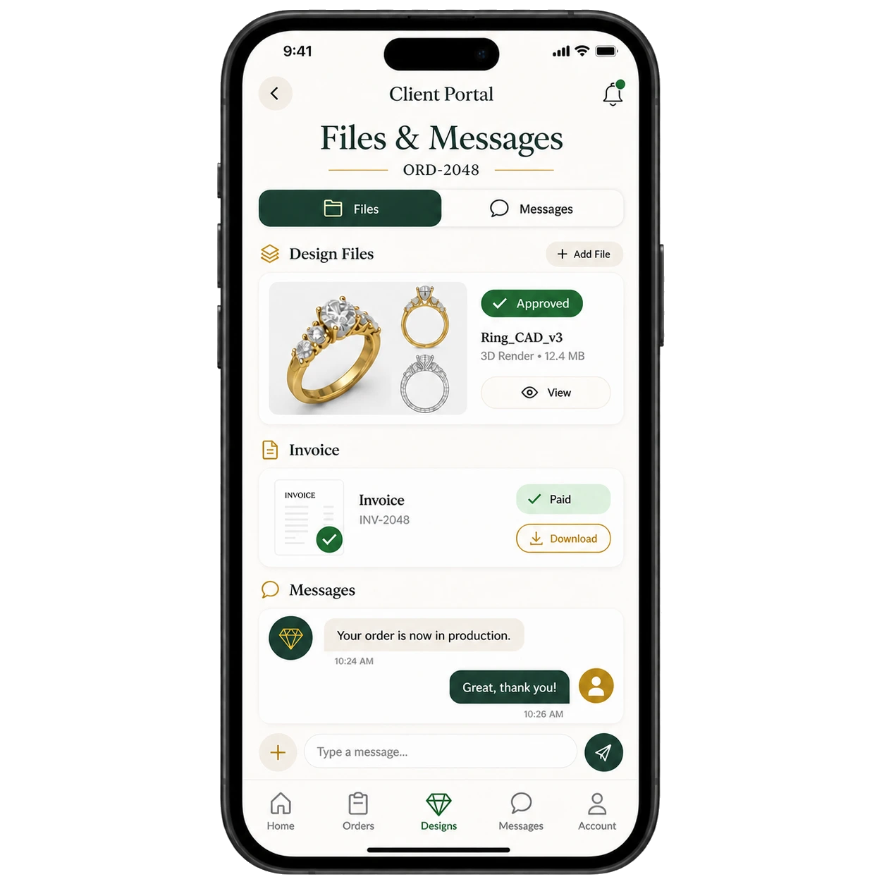 Client portal: design files, invoice and the conversation about the order