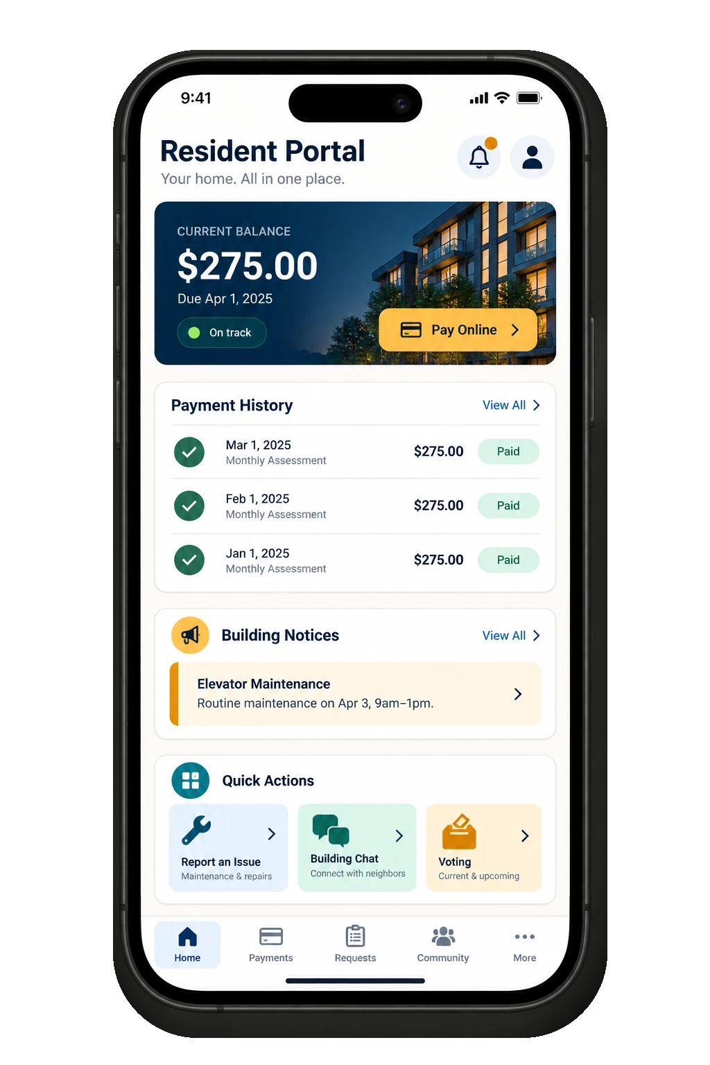 Resident account in the app: current charge, payment history and online payment