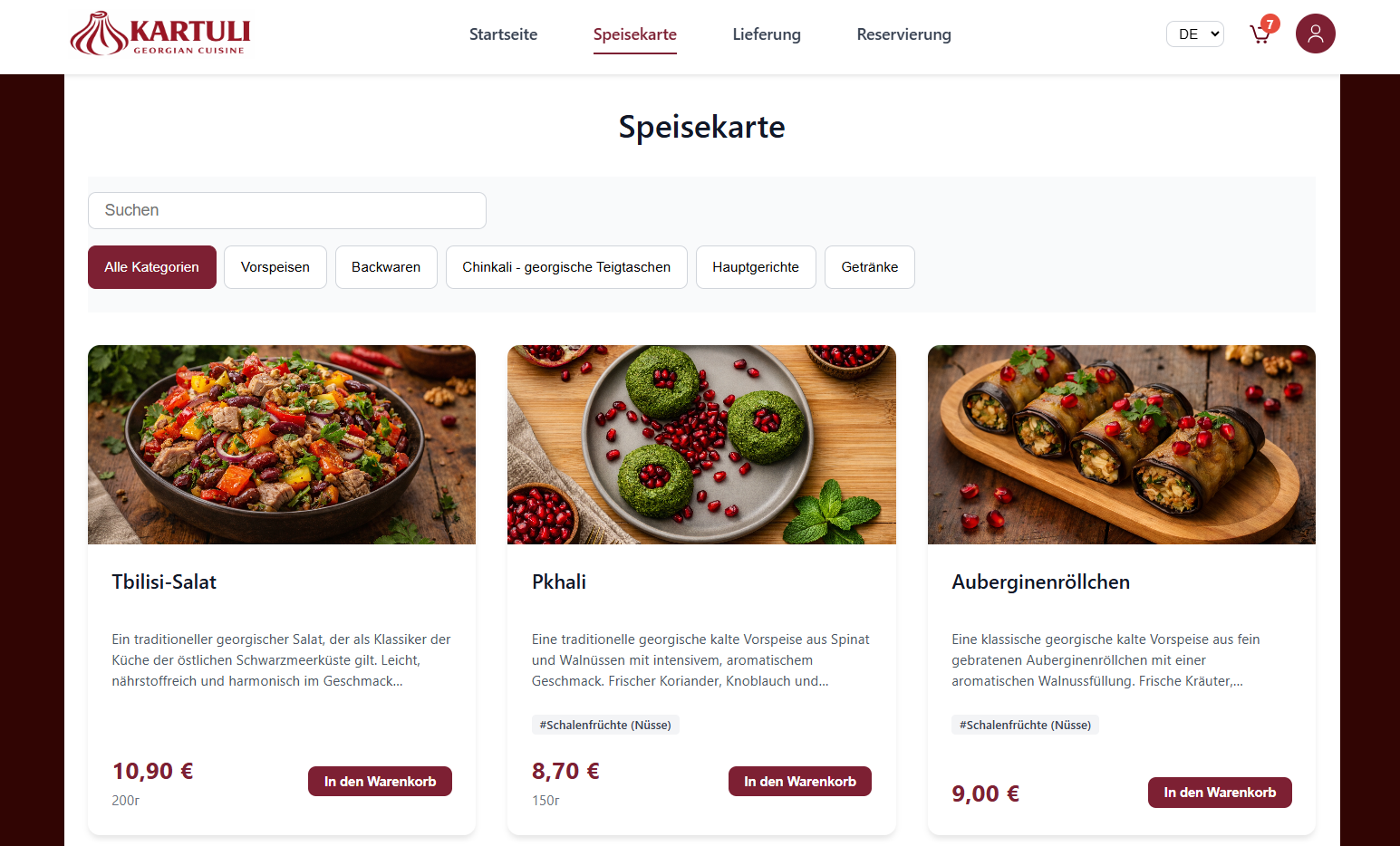 Menü und Online-Bestellung Ausschnitt