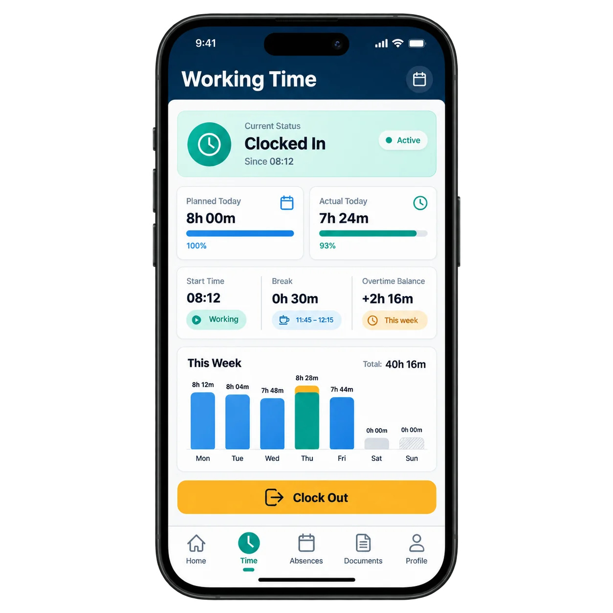Working time in the app: shift start, planned against actual hours, break and overtime balance