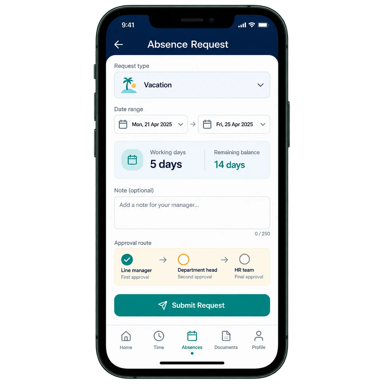 Absence request with type, date range, remaining balance and the approval route it follows